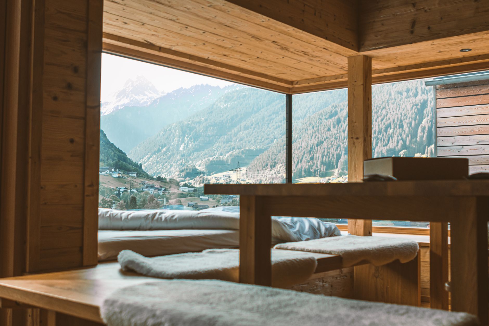 Interior minimal view overlooking snowy alpine ridge